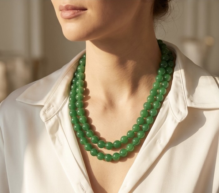One of the kind Green Jade Sterling Silver necklace - Green Jade necklace on model, close-up, worn on neck