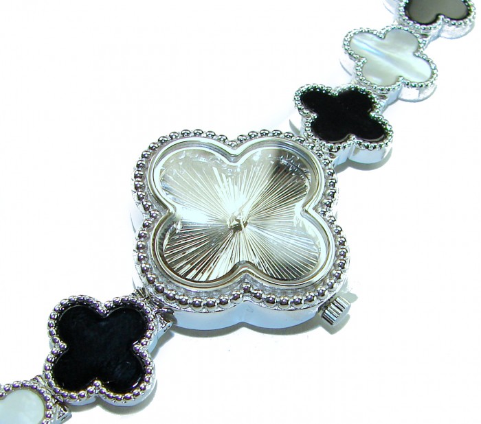 Precious Authentic Blister Pearl Onyx .925 Sterling Silver handmade Bracelet Watch - Clover shape watch close-up with pearl and onyx details