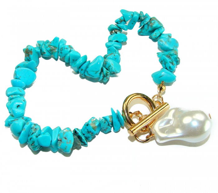 Beauty of Nature - natural turquoise 10K Gold over .925 Sterling Silver handmade Statement Bracelet - Turquoise necklace with gold clasp and pearl detail, top view.