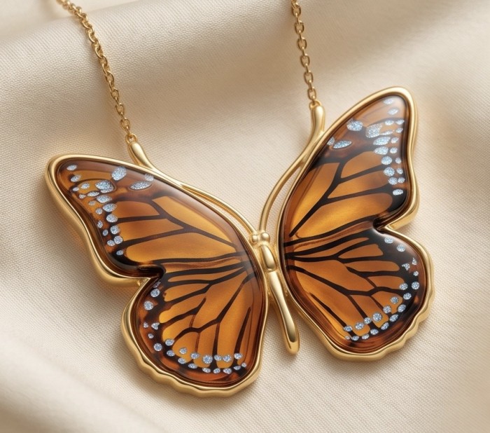 Golden Butterfly Authentic carved Baltic Amber 18K Gold over .925 Sterling Silver handcrafted pendant - Close-up of butterfly-shaped amber and gold pendant on fabric.