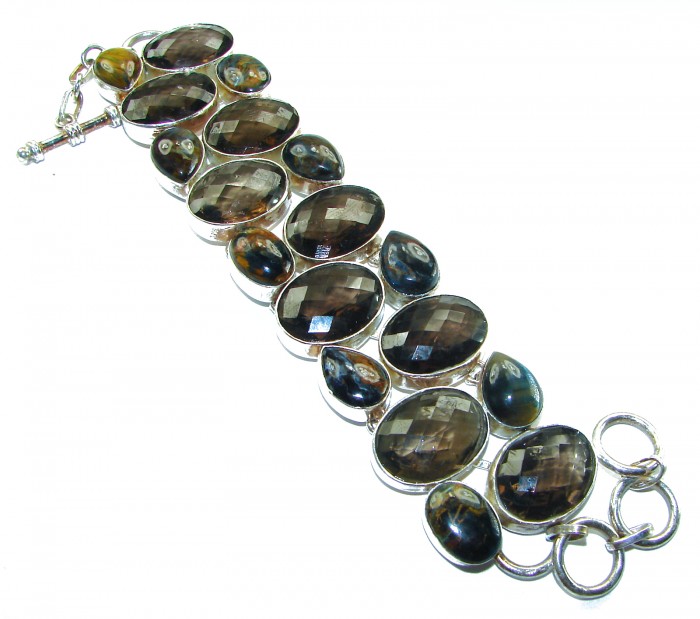 Faith Washed Fear Away 70.2 grams carat Smoky Topaz .925 Sterling Silver handcrafted bracelet - Smoky Topaz bracelet, top view, featuring multiple faceted stones