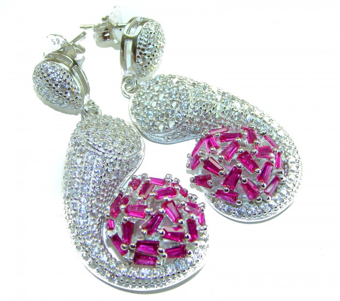 Pure Luxury 22.2 carat natural Ruby .925 Sterling Silver handmade Statement earrings - Luxury ruby and sterling silver earrings, detailed front view.