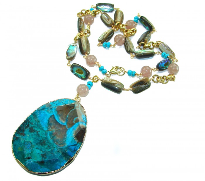 Boho Style - Great quality Chrysocolla 10K Gold over .925 Sterling Silver handcrafted Necklace - Boho necklace with chrysocolla pendant, side view showing full design.
