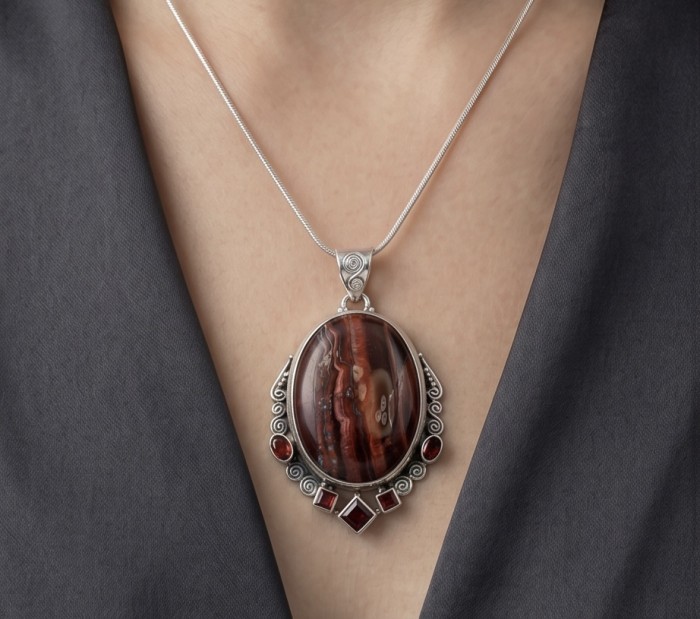 Incredible quality Silky Golden Tigers Eye .925 Sterling Silver handmade Pendant - Necklace worn, close-up of Tiger's Eye pendant with silver detailing.