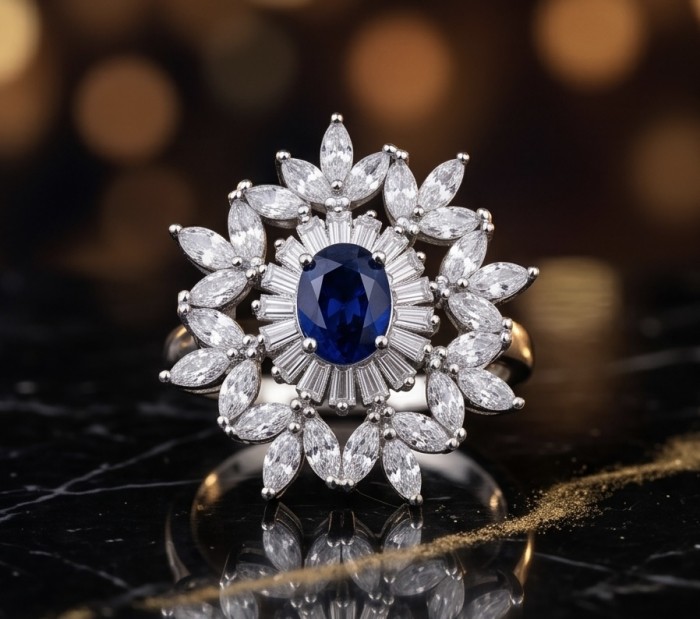 Born to Glam 2.2 carat natural Sapphire .925 Sterling Silver Perfectly handcrafted Ring s. 6 - Close-up of sapphire and diamond ring on reflective surface.