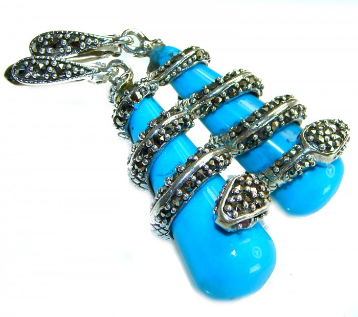 Boa Snakes Turquoise Marcasite .925 Sterling Silver handcrafted Earrings - photo 2