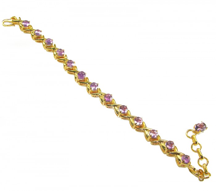 Dolce Vita - Precious Natural 22.5 carat Amethyst 14K Gold over .925 Sterling Silver handcrafted bracelet - Gold bracelet with purple stones, full view on white background.