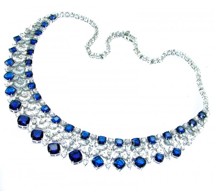Gabriella 72.2 carat authentic Sapphire rhodium over .925 Sterling Silver handcrafted Statement necklace - Necklace front view: Gabriella 72.2ct sapphire, rhodium over .925 silver