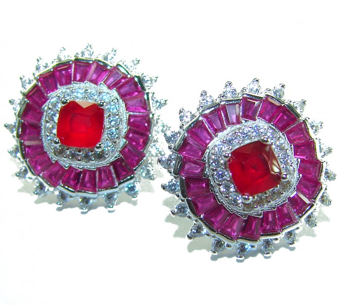 Art Deco - Bella Rosa Genuine 5.8 carat Ruby .925 Sterling Silver dipped in rhodium Statement brilliantly handcrafted earrings - Close-up of Art Deco Bella Rosa ruby and sterling silver earrings
