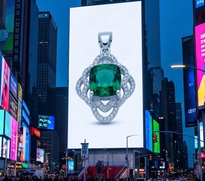 Authentic 4.5 CARAT Chrome Diopside .925 Sterling Silver Pendant - Emerald pendant close-up on billboard in urban setting.