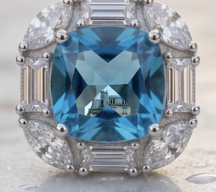 Atlantica 14.7 carat princess cut Swiss Blue Topaz rhodium over .925 Sterling Silver Handcrafted Statement earrings - Close-up of Atlantica ring with Swiss Blue Topaz and diamond accents
