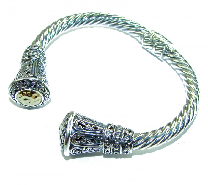 Heavy and Solid 39.5 grams authentic 14K Gold over .925 Sterling Silver handcrafted bracelet - Silver and gold bracelet with intricate design, top view.