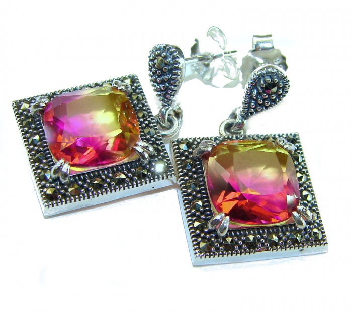 Tiffany 9.5 carat Ametrine Marcasite .925 Sterling Silver HANDCRAFTED Earrings - Close-up of Tiffany Ametrine Marcasite Sterling Silver earrings