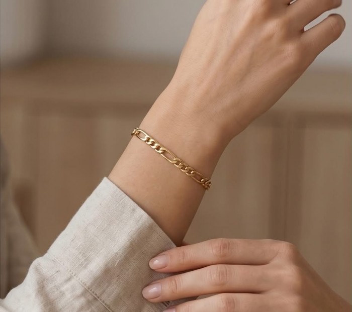 Authentic Figaro design 18K Gold over .925 Sterling Silver handmade Bracelet - 18K gold Figaro bracelet worn on wrist, close view