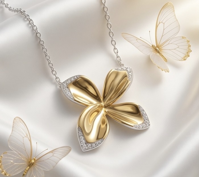 Lotus flower White Topaz highly polished 18K Gold over .925 Sterling Silver Italy made necklace - Gold lotus flower pendant with butterflies on satin background