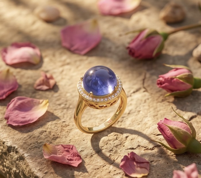 Precious Design round cut 9.9 CARAT Tanzanite 22K Gold over .925 Sterling Silver Statement Ring s. 6 1/4 - Tanzanite ring on stone with rose petals, top view.