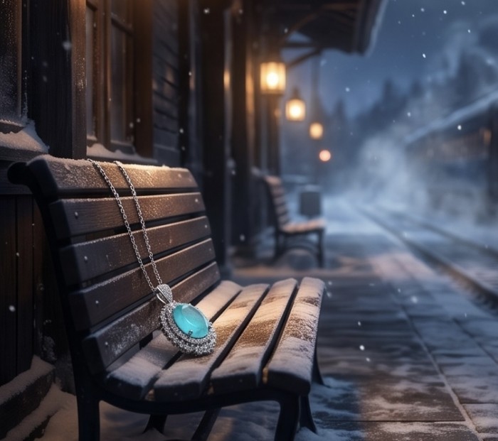 Wonderland 15.2 carat fancy oval cut Paraiba Tourmaline .925 Sterling Silver Handcrafted Statement necklace - Paraiba Tourmaline necklace on snowy bench at night, railway station.