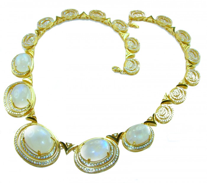 Moonlight Serenade authentic 32.5 carat Fire Moonstone 18K Gold over .925 Sterling Silver handcrafted necklace - Top view of Moonlight Serenade 18K necklace with moonstones