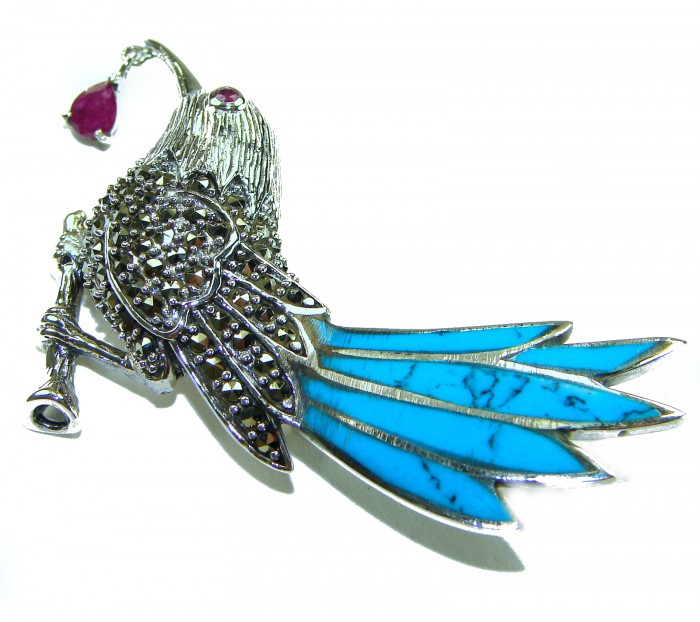 Blue Bird genuine INLAY Turquoise Marcasite .925 Sterling Silver handmade Brooch - Side view of Blue Bird brooch with turquoise and marcasite inlay.