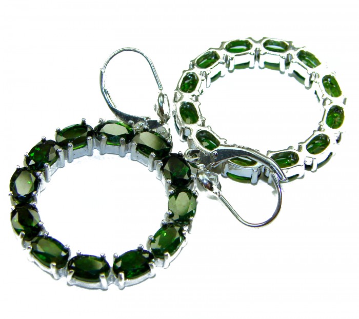 Authentic 22.9 carat CHROME DIOPSIDE from Siberia .925 Sterling Silver handmade Large Statement earrings - Close-up of chrome diopside hoop earrings with silver accents.