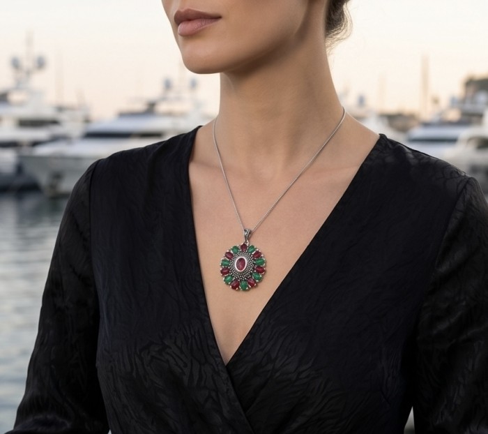 Giovanna 22.2 carat authentic Ruby Emerald Marcasite .925 Sterling Silver handmade Pendant - Necklace worn, showing front view with ruby and emerald design.