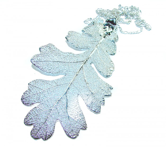 English Oak Leaf - Real Leaf dipped in real .925 Sterling Silver handmade handcrafted Necklace - Sterling silver oak leaf pendant with chain, front view.