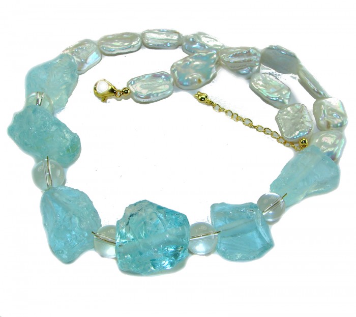 Sky and Ocean authentic rough Aquamarine Mother of Pearl 10k Gold over .925 Sterling Silver handcrafted STATEMENT Necklace - Necklace with rough aquamarine and mother of pearl, clasp detail shown.