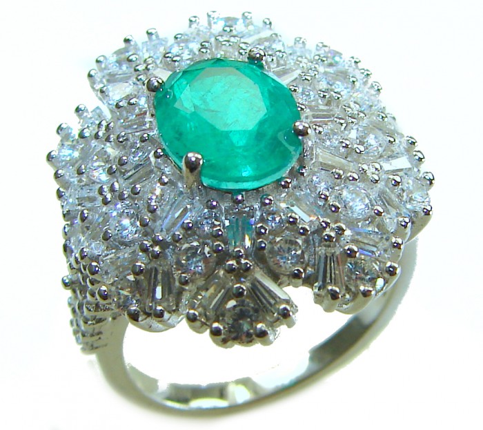 Authentic 4.2 carat Colombian Emerald .925 Sterling Silver handcrafted Ring size 6 1/2 - Emerald ring close-up with diamonds in sterling silver setting
