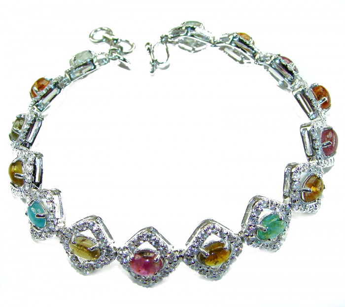 Authentic 22.5 carat Brazilian Watermelon Tourmaline 14K White Gold over .925 Sterling Silver handmade Bracelet - Bracelet side view with Brazilian Watermelon Tourmaline stones.