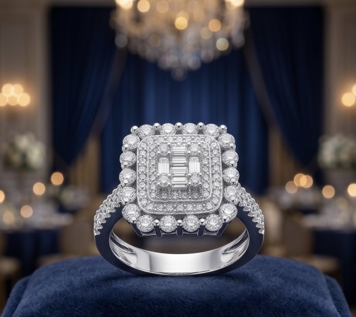 Esmeralda - Precious 8.5 carta White Topaz rhodium over .925 Sterling Silver Statement ring size 7 1/2 - Front view of Esmeralda ring with White Topaz, blue backdrop