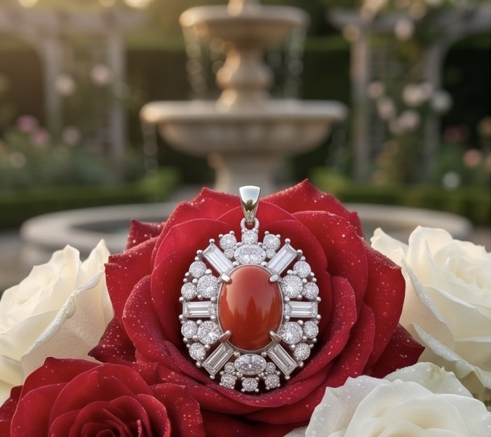 Elizabeth Natural Fossilized Coral 9.8 carat Moissanite .925 Sterling Silver handcrafted pendant - Pendant on red rose, close-up, Elizabeth Natural Fossilized Coral 9.8 carat