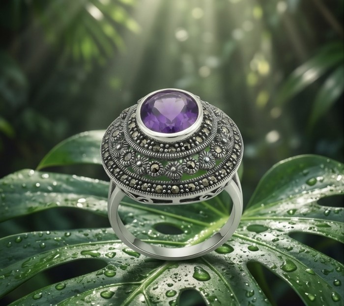 Liliana 7.5 carat Amethyst .925 Sterling Silver Handcrafted Ring size 7 1/4 - Amethyst ring on leaf, top view, sterling silver intricate design.