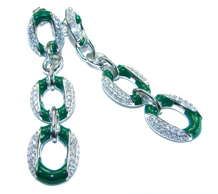 5.5 carat White Sapphire green enamel .925 Sterling Silver handcrafted Chain earrings - photo 4