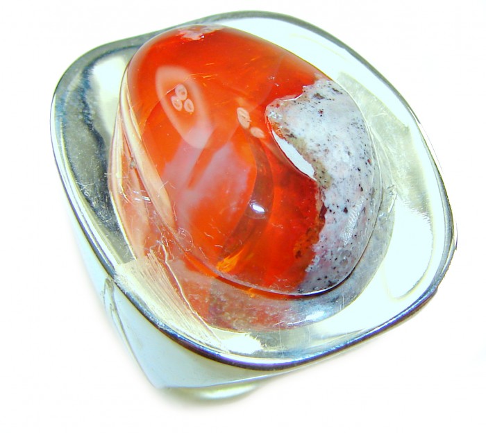Large Golden Galaxy - Genuine 17.5 CARAT Mexican Opal .925 Sterling Silver Large Statement Ring size 7 - Close-up of an opal ring with orange and white details.