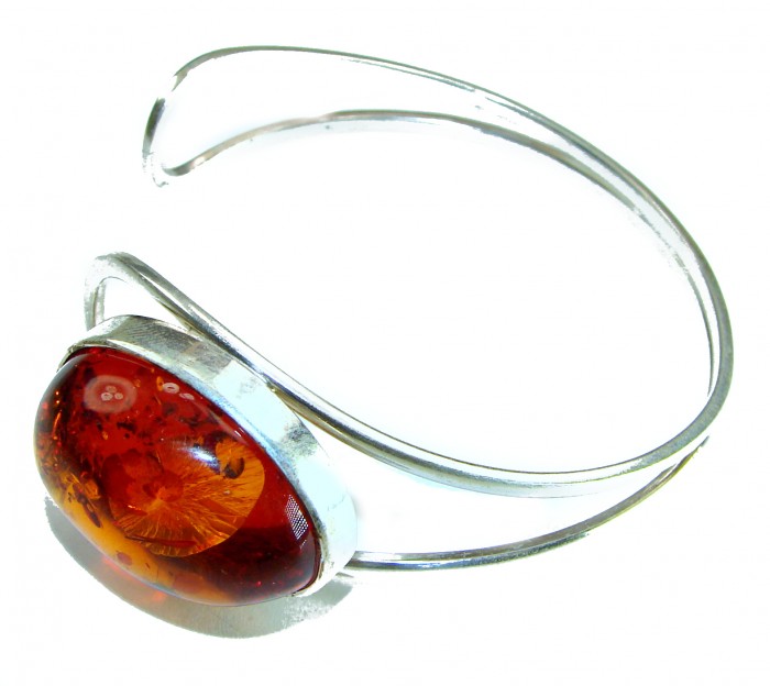 Classy Design Genuine BEST QUALITY Baltic Amber .925 Sterling Silver handamde Bracelet / Cuff - Side view of sterling silver bracelet with amber stone detail.