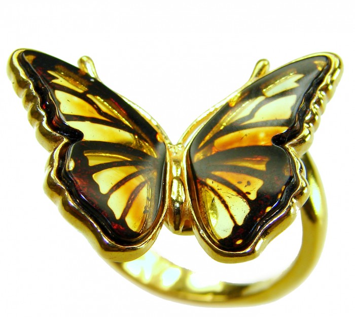 Butterfly Authentic carved Baltic Amber 18K Gold over .925 Sterling Silver handcrafted ring; s. 7 adjustable - Butterfly Baltic Amber gold ring close-up showing wing details.