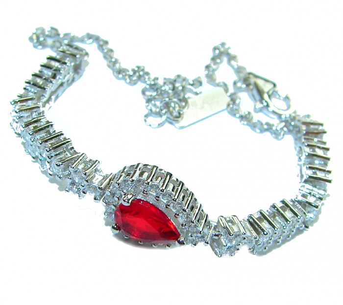 Natural 6.7 carat Ruby .925 Sterling Silver handmade Statement Bracelet - Silver bracelet with 6.7 carat ruby, top view showing clasp and stone.