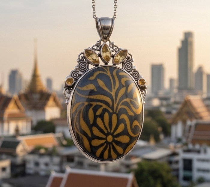 Exotic Beauty Silver Hematite Citrine .925 Sterling Silver handmade Pendant - Pendant close-up against a city skyline background.
