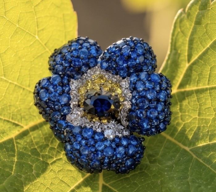 Blooming Lilis - 38.8 carat pave Sapphire from Madagascar .925 Sterling Silver handmade Statement Earrings - Close-up of Blooming Lilis brooch with Madagascan sapphires on leaf.