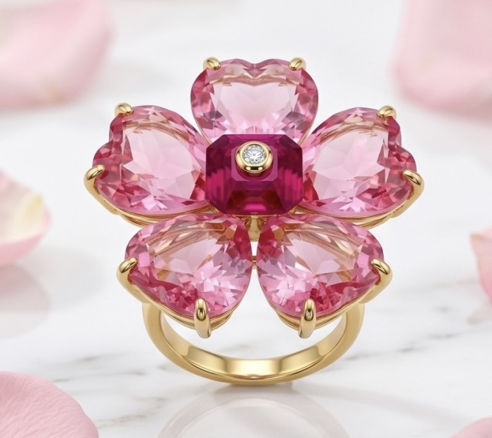 Cherry Blossom 27.5 carat Pink Amethyst 14K Gold over .925 Silver handcrafted Cocktail Ring s. 7 - Front view of pink amethyst flower ring in 14K gold with diamond center.