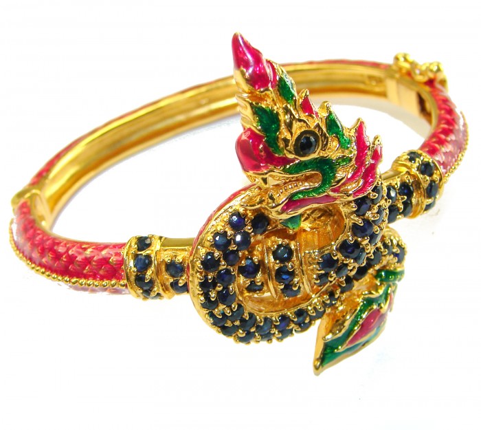 Truly Spectacular Dragon authentic 19.5 carat Ruby Enamel 14K Gold over .925 Sterling Silver handmade bangle Bracelet - photo 3
