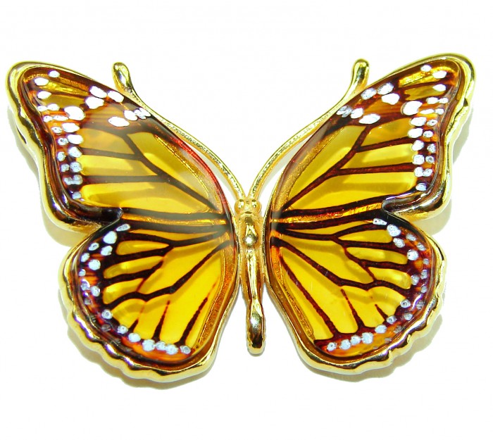Golden Butterfly Baltic Polish Amber 18K Gold over .925 Sterling Silver handcrafted Pendant / Brooch - photo 3