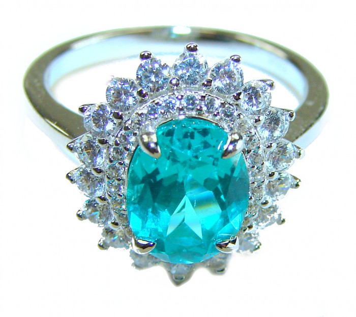 Eau Pure 6.5 carat Paraiba Tourmaline .925 Sterling Silver Handcrafted Ring size 6 1/4 - Close-up of Paraiba Tourmaline ring with diamond halo in sterling silver.