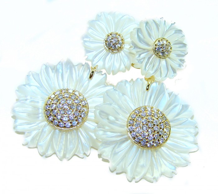 BLOOMING FLOWERS Genuine Blister Pearl 0.2 CARAT lab grown Diamond 18K Gold over .925 Sterling Silver handcrafted Statement Earrings - Close-up of BLOOMING FLOWERS earrings with blister pearls and lab-grown gems.