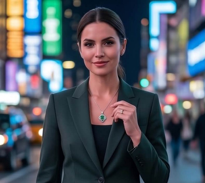 Authentic 4.5 CARAT Chrome Diopside .925 Sterling Silver Pendant - Woman wearing 4.5 carat chrome diopside necklace, urban night background.