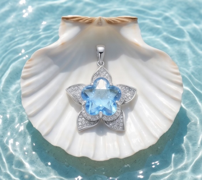 Forget -Me- Not flower 9.7 carat genuine Swiss Blue Topaz .925 Sterling Silver handmade Statement Pendant - Top view of Swiss Blue Topaz flower pendant on a seashell background.