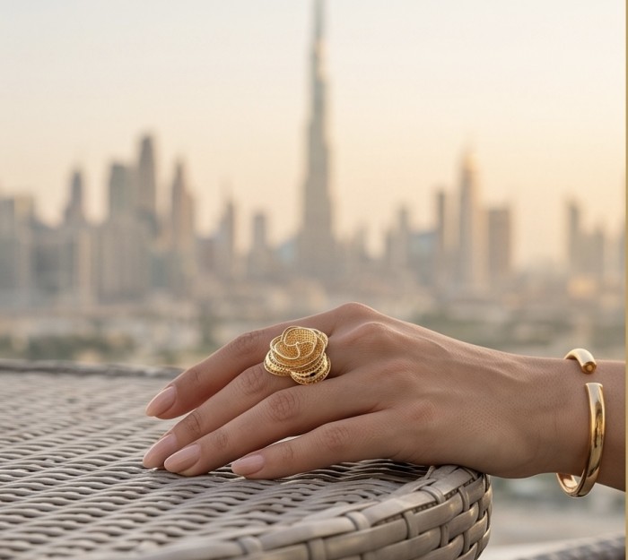 GOLDEN ROSE- Dubai Style - .925 Sterling Silver dipped in 22K Gold handmade Large ring size 6 - Hand wearing golden rose ring, Dubai skyline in background