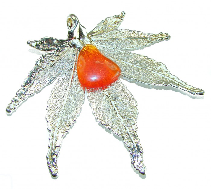 Rain Drop REAL Leaf dipped in Sterling Silver 9.8 carat Golden Opal & .925 Sterling Silver Pendant - Silver leaf pendant with orange stone, top view.