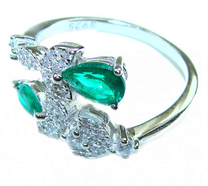 Gabriella - Luxurious 3.6 carat Emerald .925 Sterling Silver handcrafted Cocktail Ring s. 7 1/4 - Close-up of Gabriella emerald ring in sterling silver.