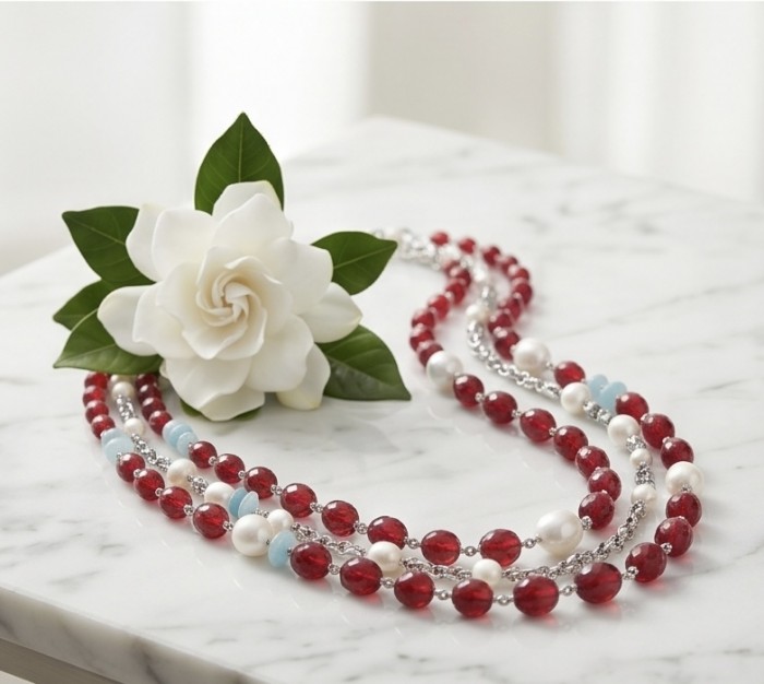 Sublime 32 inches long Red Fossilized Coral handmade Necklace - Red Fossilized Coral Necklace with white flower, top view on marble surface.